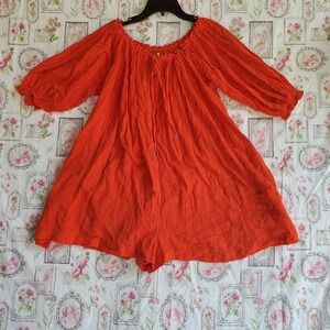 Orange Free People Smocked Romper Dress Tunic Top Boho Festival‎ Pockets Size S